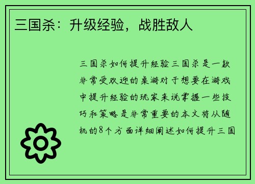 三国杀：升级经验，战胜敌人