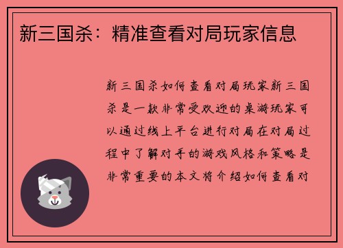 新三国杀：精准查看对局玩家信息
