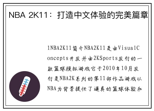 NBA 2K11：打造中文体验的完美篇章